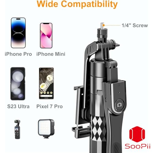 Image of Soopii 72-Inch Longest Bluetooth Selfie Stick & Extendable Tripod for i-Phone, Android, Go-Pro,Tripod Stand, 3-in-1 Gimbal Stabilizer Stand with 4-Leg Base for Travel, Photography, and Video Shooting