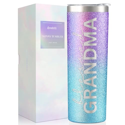 Image of Onebttl Christian Grandma Gifts for Mother's Day, 20oz Purple & Blue Glitter Skinny Tumbler, Straw & Lid Included, Blessed Grandma Gifts