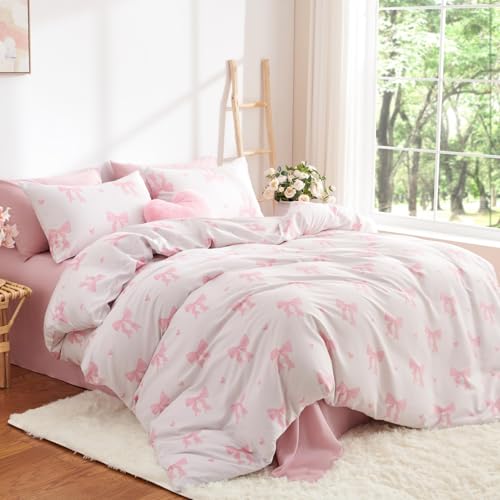 Tospass Mädchen Bettwäsche 155x220 Rosa Beige Herz Schleifen Bettwäsche Set – Ansicht 2
