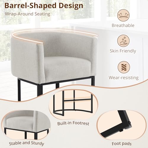 Image of LUE BONA Counter Height Bar Stools Set of 6, Modern Barrel Counter Stools with Backrest and Arms, Black Metal Frames, Linen Fabric Upholstered Accent Barstools for Kitchen Island, Light Gray