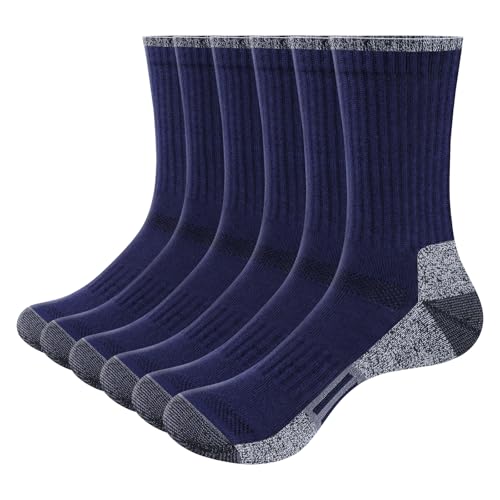 Image of YUEDGE Mens Socks Navy Blue Cushioned Walking Sports Socks Performance Training Athletic Sock Breathable Wicking Work Socks Casual Cotton Crew Sock for Men 8-10 UK, Multipack, 6 Pairs