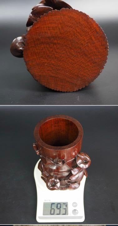 極上唐木紫檀黄花梨木透かし彫り筆筒 箱付 唐木製 蓋付き小物