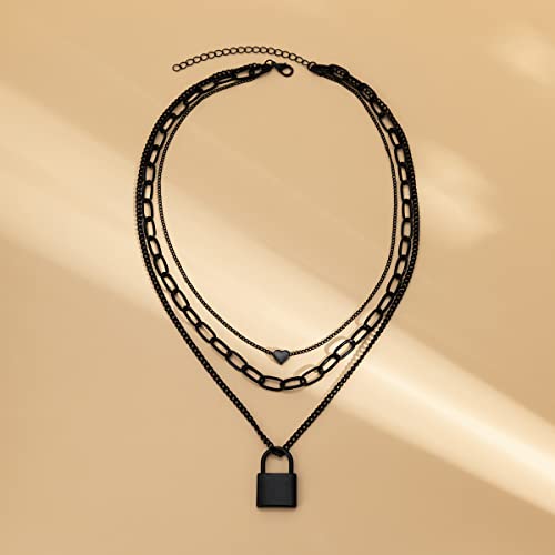 Caiyao Stacked Necklaces for Women Black Lock Chains Heart Grunge Layered Necklace Aesthetic Pendant Multilayer Choker2
