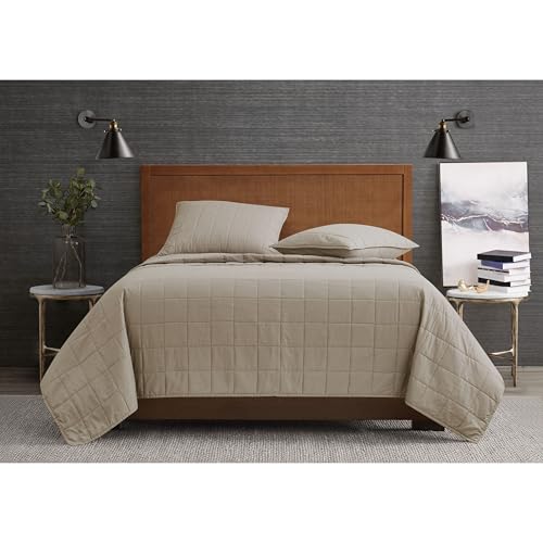 London Fog Garment Washed Solid Quilt Set Khaki Microfiber 3-Piece King Quilt Set, Solid Themed, Adult and Teen, Oeko-TEX Certified