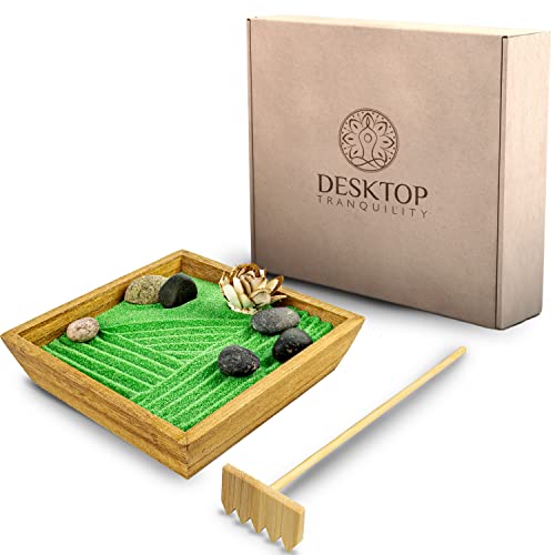Desktop Tranquility Mini Japanese Zen Garden Kit for Home or Office Desk | Office Decor Zen Garden Kit Improves Meditation | Includes Sand Tray, Bamboo Rake, Rocks, and Wooden Flower | 5.5