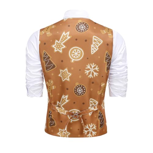 TOONRAIN Mens Gingerbread Man Suit Vest Christmas Printed Jacket with Brown Bowtie Set2