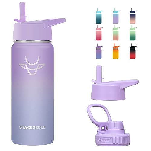 STACEGEELE Insulated Vacuum Water Bottle for Kids with Straw Lid Stainless Steel Flask Thermos for Boys and Girls Leak Proof Lightweight Eco Friendly 18oz(550ml),lavender