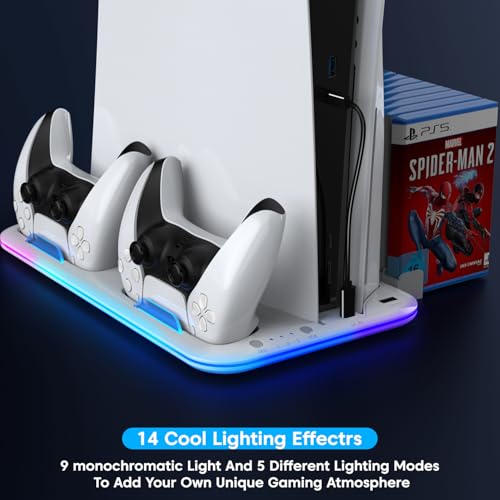 Image of Sounce Glacier Pad RGB PS5 Cooling Stand with Dual Controller Charging Station Vertical Stand with 5200RPM Cooling Fan, RGB Lights Compatible with PS5 Disc /Pro /Digital /Slim Consoles (White)