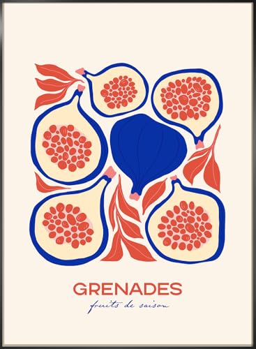 STYLER Tableau avec cadre Grenades 50 x 70 cm – Décoration murale grenades et fruits méditerranéens bleu cobalt et corail – Affiche graphique moderne...