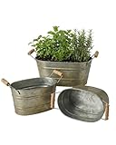 vensovo Galvanized Metal Oval Planter Buckets with Handles – Set of 3 Rustic Farmhouse Flower Tubs with Drain Holes & Plugs, Vintage Small Pots for Herbs, Succulents, Wedding or Tabletop Decor