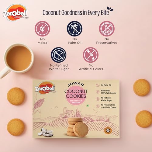 Image of Zerobeli Jowar Coconut Cookies 375g (Pack of 1) | Delicious & Healthy Snack | Wholesome Treat for All Ages | Crunchy & Natural Goodness I No Maida, No Palm Oil, No Preservatives | Protein-Rich
