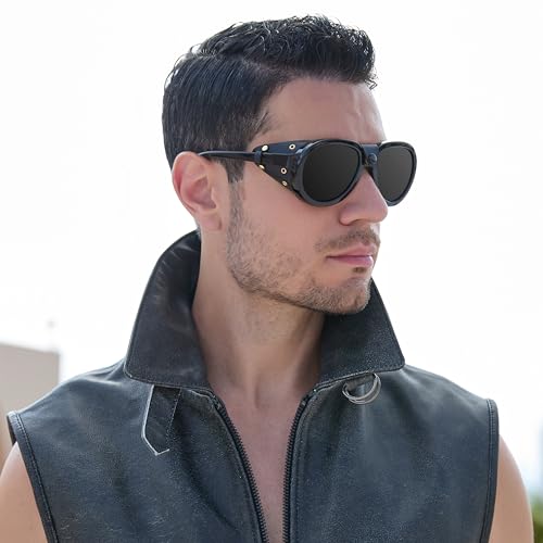 Retro Aviator Steampunk Polarized Sunglasses with Leather Side Shield Vintage Goggles Gothic Eyewear for Men Women2