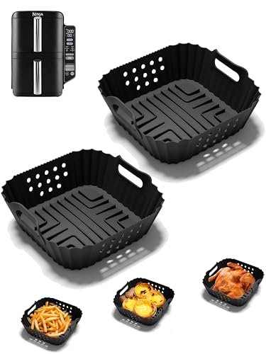 Air Fryer Silicone Liners for Ninja Double Stack 7.6L Air Fryer SL300UK Dual Reusable Air Fryer Silicone Liners Double Stack Air Fryer Accessories for Ninja AF400UK AF451UK(2PCS Black)