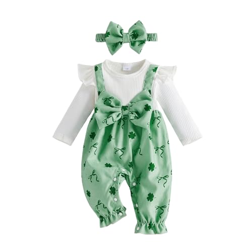 FIOMVA St Patricks Day Outfit Newborn Baby Girl Clothes Clover Bow Onesie Ruffle Long Sleeve Jumpsuit Infant Cute Romper (Green Clover, 3-6 Months)