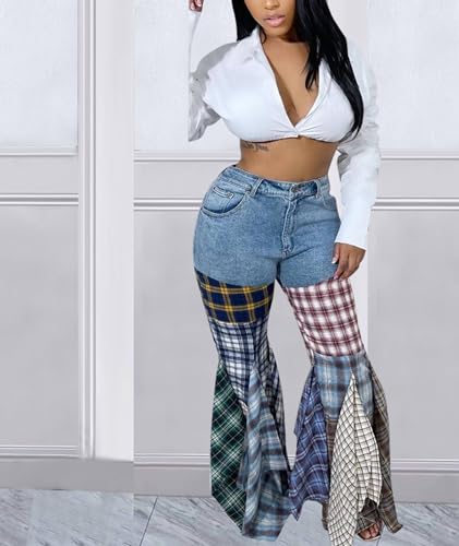 Sexyshine Women's High Waist Plaid Patchwork Bell Bottom Jeans Straight Wide Leg Flared Ruffle Hem Denim Long Pants4