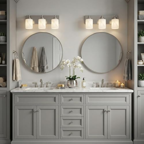 Image of 3-Light Bathroom Light Fixture, Brushed Nickel Modern Vanity Light with White Marble Glass Shade, for Bathroom Mirror, Living Room, Bedroom, Hallway, E26 Base, Extended Base