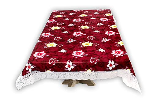 Image of The Furnishing Tree Waterproof PVC Rectangle Shaped 2 Seater Table Cover WxL 45x70 inches Floral Pattern Red with White Border lace