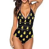 INRAINE Women's One Piece Yellow Rubber Duck Ducky Pet Animal on Black Swimsuits Tummy Control Halte