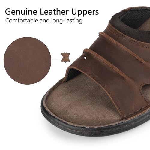 riemot Men's Leather Sandals Outdoor Walking Cushioning Arch Support Sandals Casual Lightweight Non-slip Summer Slides Shoes US 9-143
