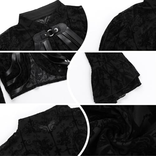 Image of Women Gothic Crop Top Shirt Y2K Black Bell Sleeve Shawl Cardigan