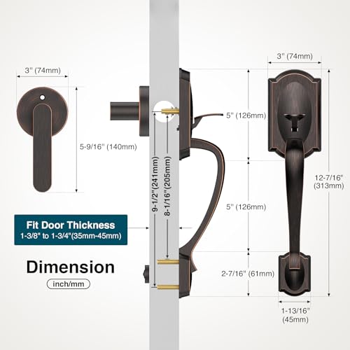 Image of Front Door Handle, Exterior Door Handle with Passage Lever, Vintage Front Entry Door Handle No Lock, Reversible for Left & Right Handed Doors, Lower Half Grip, Oil Rubbed Bronze