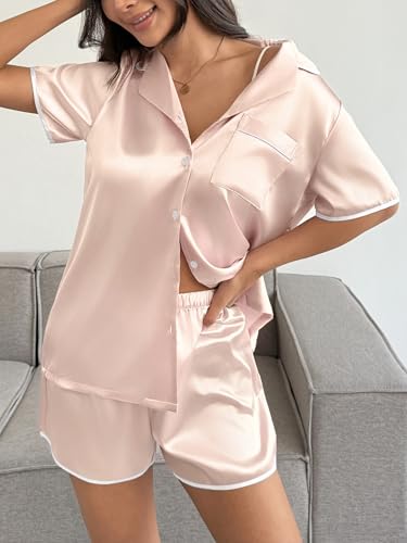 Image of Ekouaer Womens Satin Pajamas Set 2 piece Silky Buttton Down Short Pjs | Silk Notch Collar Top and Soft Shorts Lounge Set for Sleep, Daily Wear, Home, Wedding, Party