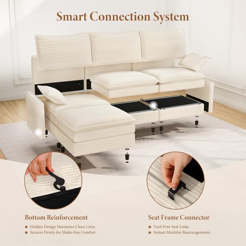 Image of Vesgantti 108 inch Modular Sectional Sofa, Comfy Cloud Couch with Movable Ottoman Deep Seat Corduroy L Shaped Modular Sofa, Sectional Couches for Living Room, Bedroom and Apartment, Beige