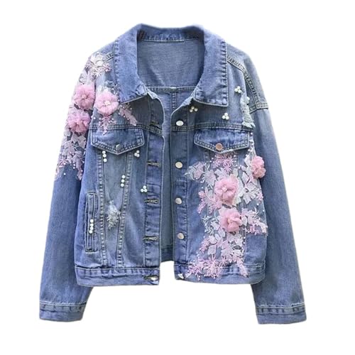 Women's Denim Jackets Embroidery Flower Hole Spring Autumn Short Casual Jean Coats