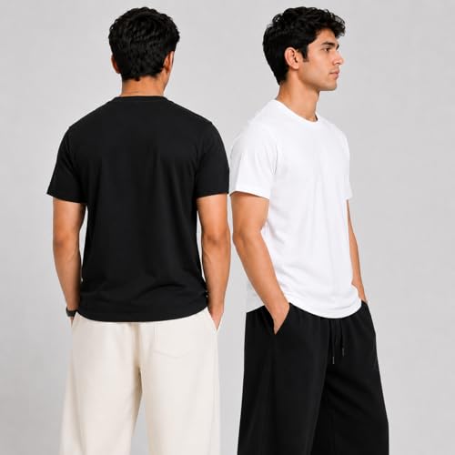 Image of PeaceOut Men's Premium 100% Cotton T Shirt | Plain | Round Neck | Half Sleeve-Regular Fit | Combo Pack of 2 | Black and White