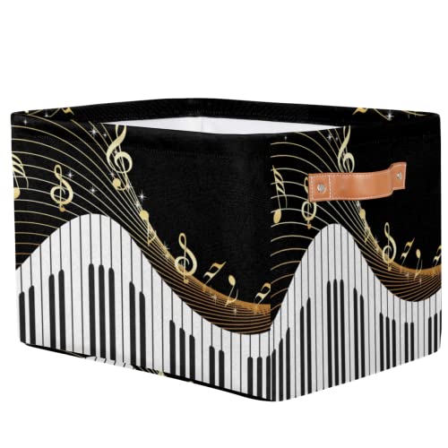 Storage Basket Bin, Piano Keys Music Notes Gold Large Collapsible Storage Cube Box With Handle Durable Waterproof Closet Shelf Organizer For Toy Nursery Bedroom Laundry Basket, 1 Pcs #TOP2