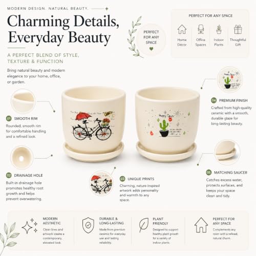 Image of Xtore Charming Bicycle & Cactus Ceramic Planter Set of 2 with Saucers for Home & Office Decor | Artistic Small Flower Pots for Living Room, Bedroom, Balcony, Desk, Shelf & Window Styling (Off-White)
