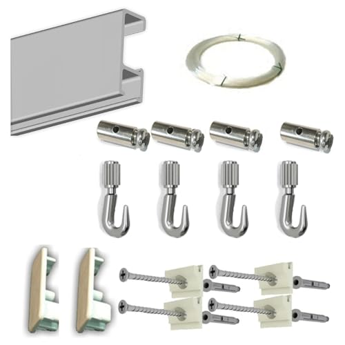 Pack Basic FAST de 150cm de Guías de Aluminio con 4 colgadores con hilo de Nylon para Colgar Cuadros o Marcos (Plata)