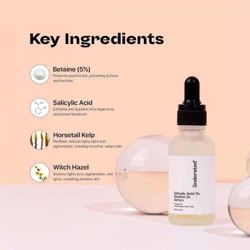 Image of Underated Salicylic Acid Face Serum 2% with 3% Betaine | Acne & Breakout Control Serum | Unclogs Pores, Reduces Blackheads & Excess Oil | Hydrating Formula | 90g (Pack of 3)