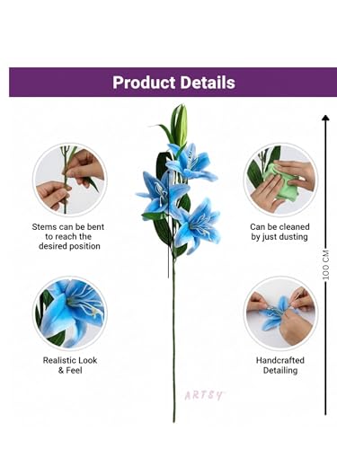 Image of ARTSY Artificial Flower for Home Decoration Lily Flower Bunch Long Size Stick Stem 3 Big Lily Flower Heads, 1 Piece