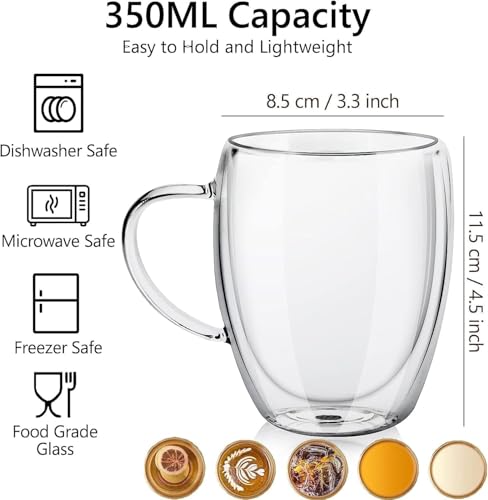 YIK TUNG Double Walled Glass Mugs Set of 4 with Handle – Borosilicate 350ml - Image 6