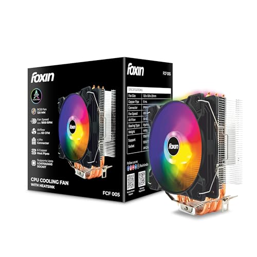 Foxin FCF 005 CPU Cooling Fan with Rainbow LED | CPU Cooler 120mm RGB Fan | Hydramatic Bearing | 1800 RPM | 6 Copper Heat Pipes | 4-Pin | Compatible with Intel LGA1700/115X/1200 & AMD AM2/AM3/AM4/AM5