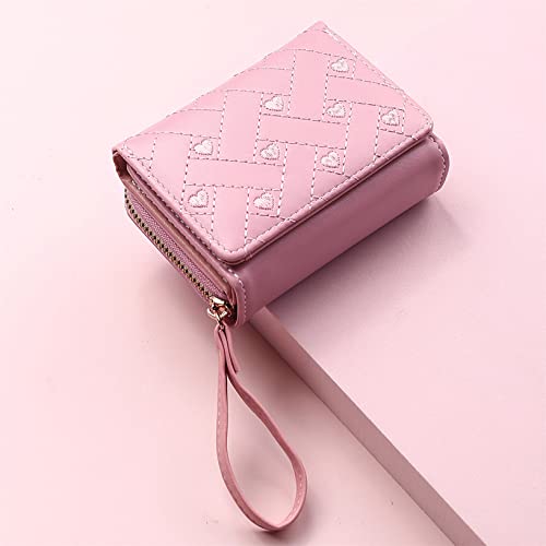 Wallets for Women Tri-folded Compact PU Leather Wallet Embroidered Heart Small Wallet Credit Card Holders Coin Purse Cute Zipper Purses Slim Short Wallet for Women Girl,Pink4