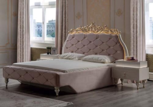Casa Padrino Letto Matrimoniale Barocco di Lusso Rosa/Crema/Oro 204 x 233 x A. 149 cm - Letto Nobile in Legno massello con testiera - Magnifico mobili per Camera da Letto in Stile Barocco
