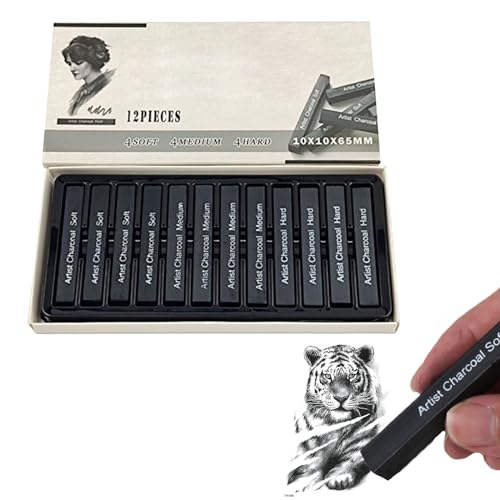 Helweet Gepresste Zeichenkohle, Zeichenkohle Set, Sketch Kohlestifte, Kohlestifte in Schwarz, Kohlestifte Set, Zum Malen, Skizzieren, Entwerfen, Kunst Verwendet, 12 Stück(4 Weich + 4 Mittel + 4 Hart)