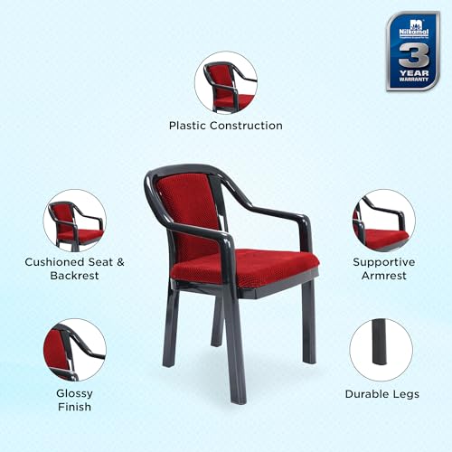 Image of Nilkamal Mid Back Chair with Arm Signature | for Living Room, Bed Room, Kitchen, Office Room, Outdoor | 100% Polypropylene Stackable Chair | (Iron Black & Bright Red)