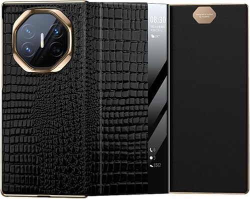 Azonee Genuine Leather Case for Huawei Mate XT, Luxury Electroplating Crocodile Pattern Flip Cover, Smart Window, Ultra-Thin Anti-Fall, Shockproof Protection Case with Kickstand (Black)