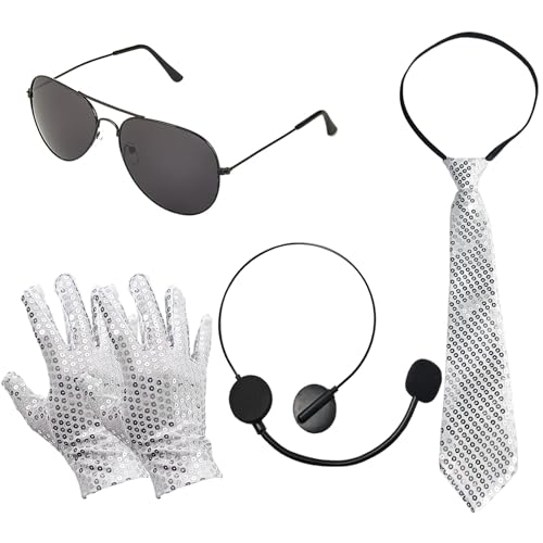 EaciTown Pop Super Star Costume Accessory Kit Halloween Sequin Glitter Costume Rock and Roll Outfit Sunglasses Bowtie Gloves Fake Mic Set of 4