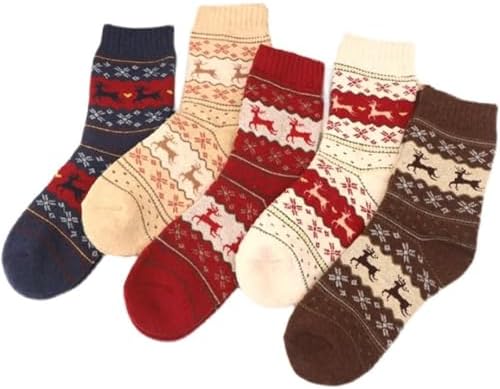 Women’s Winter Christmas Wool Crew Socks 5 Pairs, Warm Vintage Reindeer Socks for Indoor and Outdoor