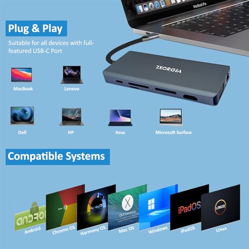 Image of ZEORGIA USB-C Docking Station with Wireless Charging Pad, 4K HDMI, VGA, Gigabit Ethernet, 100W PD, USB 3.0, Audio, SD /TF | Universal Dock for Laptop & Tablet (ZEORG 13 in 1)