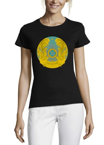 T-shirt noir femme Kazakhstan avec emblème col rond en coton