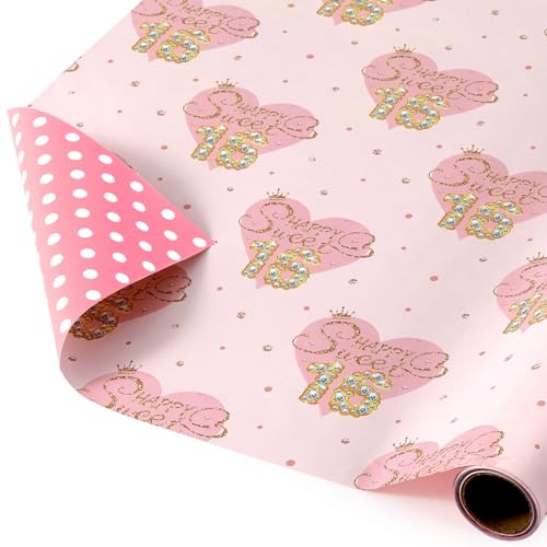 WERNNSAI Sweet 16th Birthday Wrapping Paper - 1 Roll 17”x 16.4ft Love Heart Wrapping Paper 16th Pink Girl Gift Packing Favor Birthday Party Wrap Decor Supply
