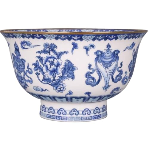 JJyaOX Le travail de porcelaine de style de cour Bol de riz en porcelaine de Style palais ancien chinois, bol bleu blanc de 12.2cm, décor de bol à motif de huit trésors en porcelaine