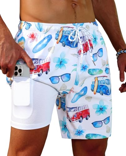 Image of Gleeease 7inch Mens Swim Trunks 2 in 1 with Compression Liner Pockets Drawstring Quick Dry Stretch Lined Funny Beach Pool