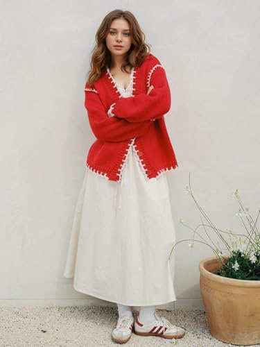 Image of YKR Chunky Knit Cardigan for Women Open Front Contrast Trim Sweaters Button Down Long Sleeve V-Neck Outerwear Coats