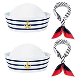 WNXBFO 2PCS Sailor Hat and 2PCS Scarf Set, Sailor Costume, Blue and White Striped Sailor Captains Hat＆Red Edge Blue Bar Square Scarf, Dressing Up Party for Women Men Costume Accessory